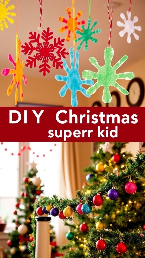 A collection of colorful DIY Christmas decorations including paper snowflakes, handprint ornaments, and a festive garland.